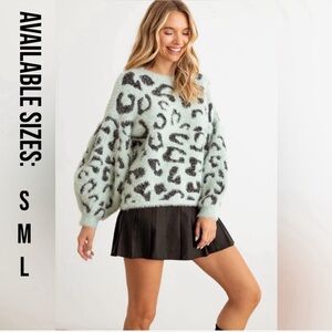 NIP-Mint Animal Print Fuzzy Knit Long Sleeve Sweater